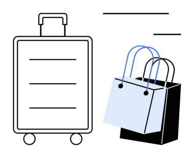 Tekerlekli çantaların yanında hareketi simgeleyen çizgiler olan minimalist bavul. Seyahat, alışveriş, turizm, bagaj güvenliği, ticaret, tüketici malları ve yaşam tarzı tasarım kavramları için ideal