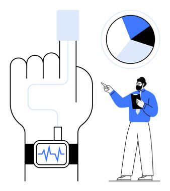 Kardiyovasküler aktivite gösteren parmak sensörü, veri içgörüsü sunan kişi, pasta grafiği analizi. Sağlık, uygunluk, veri izleme, teknoloji ve araştırma için ideal