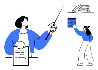 Elinde belge tutan ve uzman tavsiyesi veren bir kadın. Başka bir kadın hesap makinesiyle etkileşime geçiyor, yakınlardaki bozuk paralarla. Finans, eğitim, işbirliği, analiz, organizasyon tasarrufları için ideal