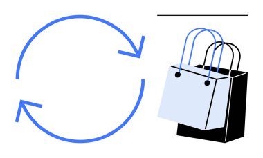 Dairesel oklar ve biri siyah diğeri açık mavi olmak üzere iki alışveriş torbası sürdürülebilirlik, geri dönüşüm ve tüketimciliği temsil ediyor. Dış ticaret, çevre bilinci, alışveriş, perakende için ideal