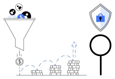 Kullanıcıları madeni paraya filtreleyen huni, büyüyen madeni paralar, büyüteç, kilit ikonlu güvenlik kalkanı. İş stratejisi, pazarlama, finans, büyüme, güvenlik analizi için ideal