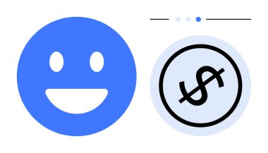 Çemberin içindeki dolar işaretinin yanındaki mavi mutlu surat. Finans, duygular, basitlik, tasarruf, bütçe belirleme, iyimserlik ve pozitiflik konuları için idealdir. Düz basit metafor