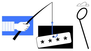 Olta kancası parolayı yıldız işaretleriyle belirliyor. Çevrimiçi güvenlik tehditlerini temsil ediyor. Siber güvenlik, dolandırıcılık, korsanlığı önleme, çevrimiçi güvenlik, dijital farkındalık, internet dolandırıcılığı, kritik