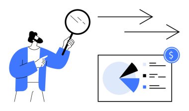 Elinde büyüteç tutan kişi ok, pasta grafiği ve finansal sembolle büyüme eğilimlerini analiz ediyor. İş stratejisi, analitik, finans, karar verme, araştırma, planlama büyümesi için ideal