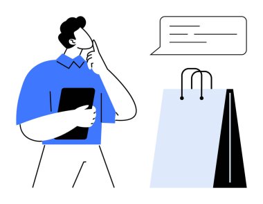 Elinde tablet tutan adam, karar verme, e-ticaret, perakende, müşteri davranışı, alışveriş planı, ürün seçimi, düz metaforu temsil eden konuşma balonu ve alışveriş çantasının yanında düşünüyor.