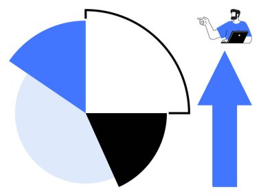 Dizüstü bilgisayarı olan bir adam, bölünmüş pasta grafiğini analiz ediyor, yukarı doğru ok ilerlemeyi gösteriyor. Ticari büyüme, veri analizi, mali raporlama, olumlu eğilim, pazar araştırması, strateji planlaması için ideal