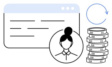 Kullanıcı profili simgesi, bozuk para yığını ve bisiklet okuna sahip tarayıcı para yönetimi, gelir ve otomasyonu gösteriyor. Finans, ödeme, kullanıcı verileri, yatırım işi çevrimiçi işlemler için ideal