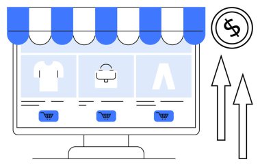 Masaüstü ekranında ürün kategorileri, alışveriş arabaları, fiyat simgeleri ve yukarı bakan oklarla bir e-ticaret platformu sergileniyor. Çevrimiçi alışveriş, perakende büyüme, satış, iş ve pazarlama için ideal