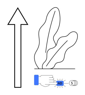 Minimalist yaprakların yanında yukarı bakan ok, bozuk paralarla el sıkışma düğmesi. Pazarlama, büyüme, promosyon, reklamlar, kurumsal başarı, finansal yenilik için ideal. Düz basit