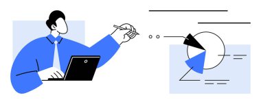 İşadamı dizüstü bilgisayarda çalışıyor, veri bölümleri ve çizgileriyle pasta grafiğine işaret ediyor. Analiz, sunum, araştırma, planlama, istatistik, strateji kurumsal temalar için ideal. Düz basit