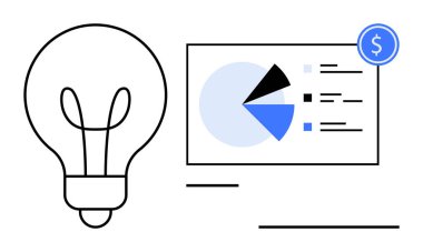 Pasta grafiği ve dolar simgesiyle çizelgelerin yanında fikirleri, stratejiyi, yeniliği, analizi, finans, pazarlamayı ve girişimleri vurgulayan ampuller. Beyin fırtınası yapmak, iş verilerini düz planlamak için ideal
