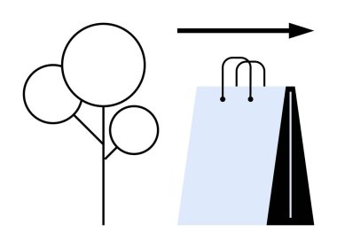 Alışveriş çantasının yanındaki minimalist ağaçta hareket ya da amacı gösteren ok var. Çevre bilinci, çevre dostu alışveriş, sürdürülebilirlik, yeşil yaşam tarzı, bilinçli tüketim için ideal