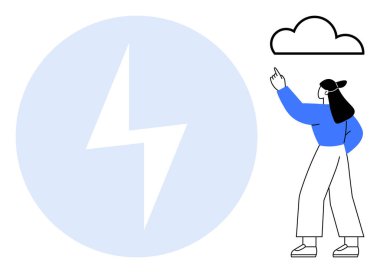 Kadın bir bulutu işaret ediyor, teknolojiyi, yeniliği ve enerjiyi vurguluyor. Büyük yıldırım gücü simgeler. Enerji, teknoloji, bulut depolama, yenilikçi yaratıcılık bağlantısı için ideal