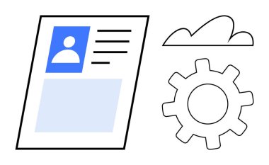 Özelleştirme, ayarlar ve veri yönetimini öneren kullanıcı avatarı, bulut ve dişli simgesi içeren profil belgesi. Teknoloji, yazılım, bulut hesaplama, kullanıcı arayüzü tasarımı kişisel veriler için ideal