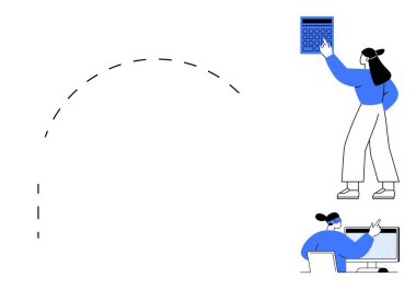 Büyük bir hesap makinesiyle hesap yapan bir kadın, bilgisayardaki grafik verilerini analiz ediyor. Finans, analitik, teknoloji, üretkenlik, eğitim, iş stratejisi büyüme planlama için idealdir. Düz basit