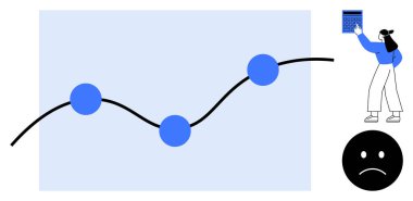 Belirtilen noktalar ve üzgün yüz simgesi ile veri eğilimi çizgisinin yakınındaki tableti inceleyen kadın. Veri analizi, raporlar, sorun çözme, olumsuz sonuçlar, finans, geri bildirim, düz basit metafor için ideal