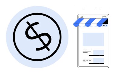 Çevrimiçi alışveriş ve ticareti temsil eden mavi tenteli dijital mağaza önü ekranının yanında büyük bir dolar sembolü. Finans, e-ticaret, ekonomi, perakende, ticaret, girişimcilik için ideal, düz basit