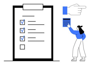 İşaretli görevleri olan kontrol listesi, hesap makinesini işaret eden kadın ve eylemi vurgulayan el hareketi. Üretim, organizasyon, planlama, iş görevleri, zaman yönetimi için idealdir, verimliliği hatırlatır