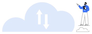 Yukarı ve aşağı doğru giden okları olan büyük bulut, veri transferini sembolize ediyor, bir profesyonelin yanında. Teknoloji, depolama, verimlilik, yenilik, takım çalışması, dijital için ideal