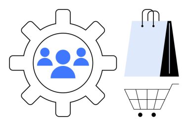 Mavi kullanıcı simgeleri takım çalışmasını ve operasyonlarını gösteriyor. Çantalı alışveriş arabası da e-ticareti simgeliyor. Perakende, iş süreci, işbirliği, teknoloji, alışveriş, pazarlama için ideal