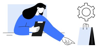 Pano tutan ve alışveriş çantası ve teçhizatına bakan kadın perakende yönetimi, görev koordinasyonu ve kişiselleştirmeye odaklandığını gösteriyor. İş için ideal, perakende, planlama, organizasyon