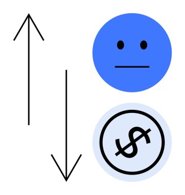 Tarafsız yüz ve dolar sembolü, duyguları ve finansal dalgalanmayı temsil eden oklar dışında. Ekonomi, finans, duygu, analiz, iş, yatırım, sosyal