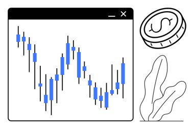 Bir tarayıcı penceresindeki şamdan çizelgesi piyasa analizi, dijital para ve dekoratif yaprakları temsil ediyor. Yatırım, ticaret, finans, borsa, kripto para birimi ve ekonomik büyüme verileri için ideal