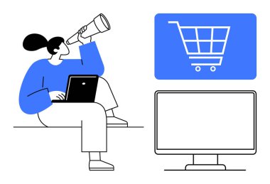 Dizüstü bilgisayar, büyük alışveriş arabası sembolü ve dijital monitör ekranı kullanan bir kadın. E-ticaret, çevrimiçi arama, yenilik, keşif, perakende stratejisi, dijital pazarlama dairesi için ideal