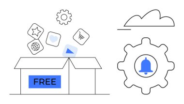 Uçan uygulama simgeleri, ayarlar, bulut ve uyarı zili ile etiketlenmiş açık kutu. Teknoloji, SaaS, uygulamalar, bulut depolama özelleştirme dijital araçlar için idealdir. Düz basit