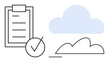 Asgari kontrol listesine sahip mavi bulut ve işaret işareti görev tamamlamayı, depolamayı ve ilerlemeyi simgeliyor. Organizasyon, üretkenlik, bulut depolama, dijital iş akışı, hedef izleme ve proje için ideal