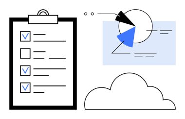 Panodaki kontrol listesi, segmentli pasta grafiği, ve bulut diyagramı vurgu projeleri, analitik ve veri depolama. Üretkenlik, görev yönetimi, planlama, analitik iş takım çalışması için ideal