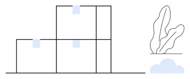 Basit çizgilerle dolu dikdörtgen kutular ve soyut bitki ve şekillendirilmiş bulut yanında küçük mavi aksanlar. Depolama, organizasyon, lojistik, minimalizm, yapı, düzenleme, daire için ideal