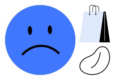 Üzücü mavi çember bir alışveriş poşetinin yanında ve fasulye çizimi tüketim, israf, sürdürülebilirlik sorunları, etik farkındalık, çevresel etki, minimalizm ve sorumluluk duygularını iletir