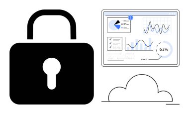 Güvenliği temsil eden asma kilit, veri analizi ve grafiklerini gösteren gösterge paneli ve alttaki bulut simgesi. Veri koruması, bulut güvenliği, analitik, gizlilik, dijital güvenlik, şifreleme dairesi için ideal