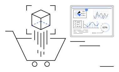 Alış veriş arabasının üzerinde asılı duran soyut 3D küp, veri analizlerinden oluşan bir panelle entegre edilmiş. E-ticaret, veri görselleştirme, ürün izleme, yenilik, fintech, iş analizi için ideal