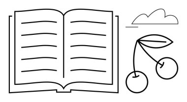 Çizgileri olan açık bir kitap, yaprakları olan kirazlar ve basit bir bulut. Eğitim, öğrenme, okuma, doğa, yaratıcılık minimalizm edebiyatı için idealdir. Düz basit metafor