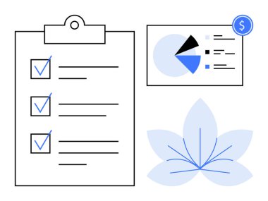 Mavi işaretli görev listesi, veri pasta grafiği ve çiçekli işaret paneli. Proje planlaması, iş akışı organizasyonu, bütçe oluşturma, üretkenlik, analitik, verimlilik için ideal