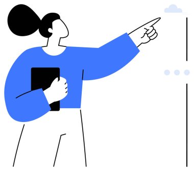 Elinde tablet olan ve buluta doğru bakan soyut tarzda bir kadın. Liderlik, planlama, rehberlik, vizyon, büyüme, takım çalışması, kariyer geliştirme için ideal. Düz basit metafor
