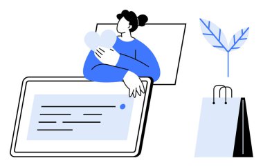 Tablet ve kağıt alışveriş çantasının yanında kalp şeklini koruyan bir kadın, ekolojik bilinç tercihleri ve çevrimiçi perakende satışları destekliyor. E-ticaret, sürdürülebilirlik, verme, minimalizm, eko-tüketim için ideal