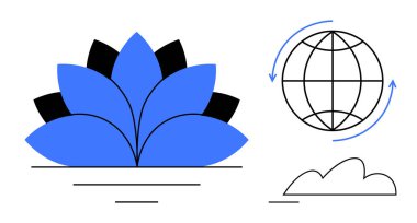 Mavi nilüfer barışı simgeler, yuvarlak oklarla çevrili dünya sürdürülebilirlik için ve doğa için bulut. Farkındalık, çevre, ekoloji, maneviyat, bağlantı için ideal, küresel denge basit