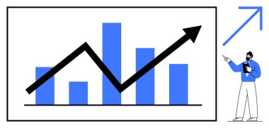 Büyüyen çubuk grafiği ve yükselen siyah okun gelişimi vurguladığı bir grafik. Şekil istatistikleri analiz eder. İş için ideal, başarı, istatistik, strateji, finans, gelişme minimalist tasarım. Düz