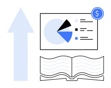 Ok büyümeyi simgeler. Ekranda finansal sembolü olan pasta grafiği. Açık kitap öğrenmeyi ön plana çıkarır. Finansal planlama, iş, eğitim, strateji, analiz eğitimi için ideal. Düz basit
