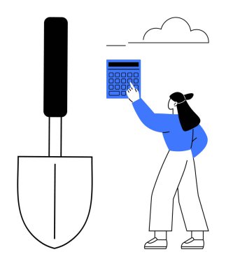 Kadın, bulutun altındaki bahçe küreğinin yanında büyük hesap makinesine uzanıyor. Planlama, tarım, bütçe, finans, üretkenlik, tarım ve yaratıcılık için ideal. Düz basit metafor