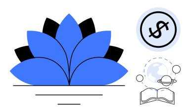 Mavi nilüfer yaprakları büyümeyi simgeler. Yörüngeyle, dolar işaretiyle ve açık kitapla çevrelenmiş dünya ikonları eğitim, küresel öğrenme ve finansal okur-yazarlığı öneriyor. Büyüme, yaratıcılık ve yenilik için ideal