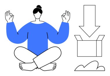 Oturarak meditasyon yapan kişi, açık kutuyu gösteren okla indirme yapıyor. Rahatlama, farkındalık, basitlik, organizasyon, minimalizm, odaklanma ve özgüven için ideal. Düz basit metafor