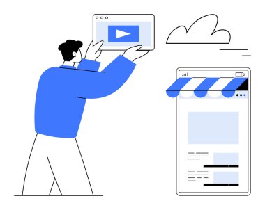 Dijital mağaza önü yakınlarında kamera görüntüsü tutan kişi. E-ticaret, içerik paylaşımı, video pazarlama, bulut depolama, çevrimiçi iş, dijital medya ve markalaşma için ideal. Düz basit