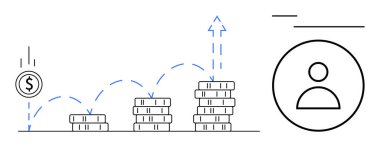 Yükselen oklarla yükselen para yığınları büyüyen yatırımları sembolize eder. Kullanıcı profili simgesi kişisel finansmanı vurguluyor. Finans, yatırım, bankacılık, kişisel zenginlik, büyüme için ideal
