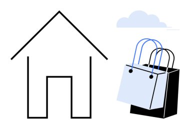 Evin taslağı, saplı alışveriş torbaları, küçük bulut. Çevrimiçi alışveriş, ev teslimatı, e-ticaret, perakende, müşteri kolaylığı tüketicileri için ideal yaşam tarzı değişiklikleri. Asgari biçim
