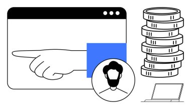 Kullanıcı profili simgesi yakınındaki bir tarayıcı penceresinden el işaretleri, bozuk para yığınları ve bir dizüstü bilgisayar. Finans, yatırım, dijital pazarlama, çevrimiçi iş, e-ticaret, kullanıcı etkileşimi sade