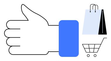 Alışveriş çantasının ve el arabasının yanındaki olumlu el, müşteri memnuniyetini ve e-ticaret başarısını simgeliyor. Markalaşma, müşteri sadakati, çevrimiçi alışveriş, pazarlama, dijital perakende, kullanıcı geribildirimi için ideal